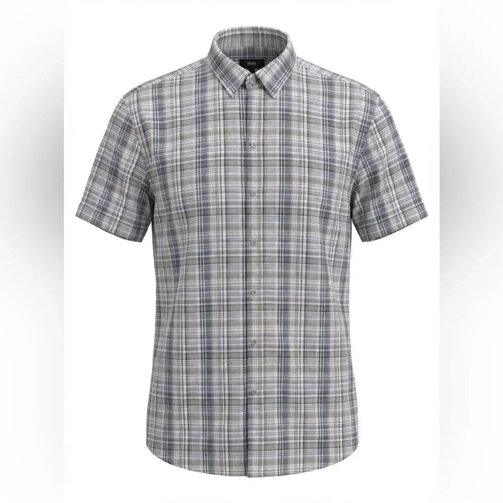 HUGO BOSS MENS BUTTON DOWN SHORT SLEEVE SHIRT SIZE XL BLUE GREEN CHECK